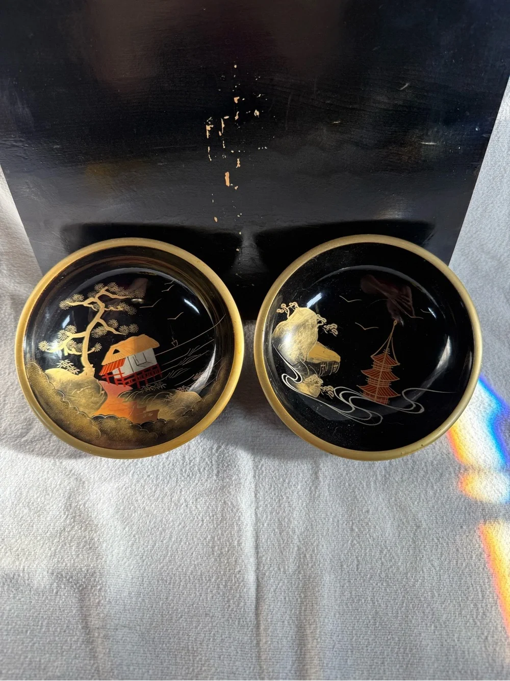 Vintage Japanese Black Lacquer Decorative Wall Hanging Plates - Set of 2